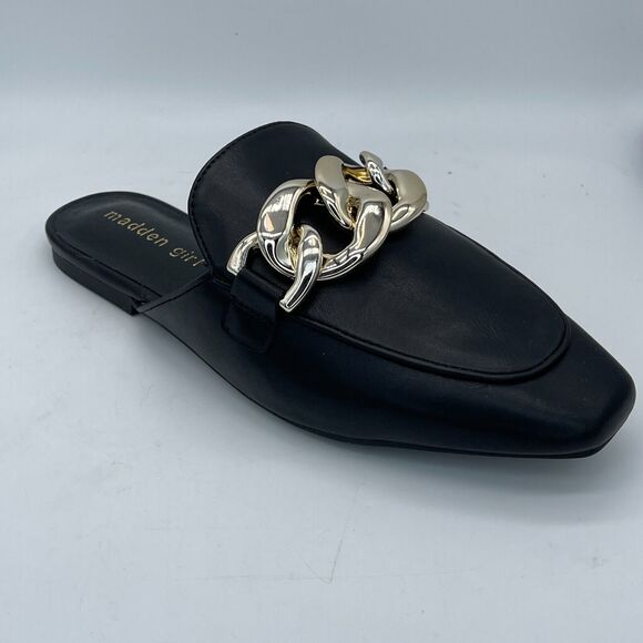 Madden Girl Shoes - Madden Girl Squireee Womens Mules Size 6.5 Black Faux Leather Gold Chain New